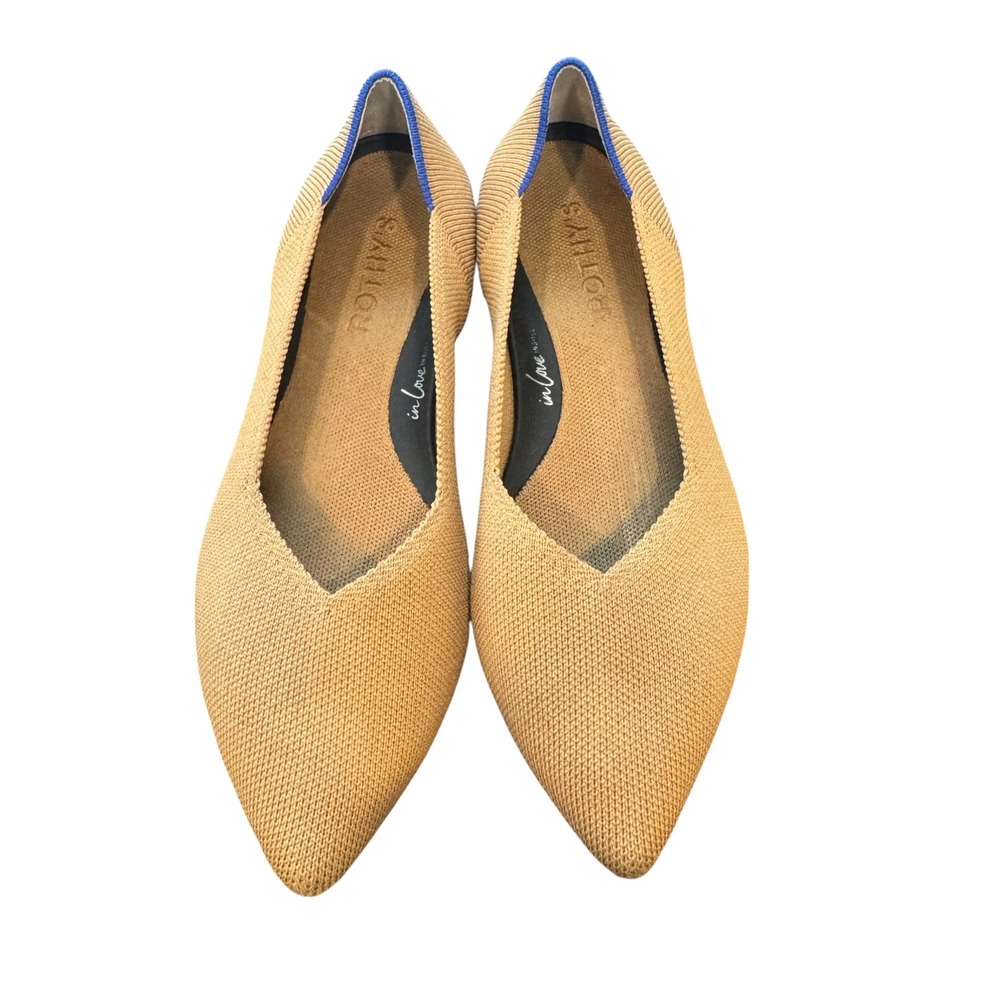 Rothys The Point Sesame Tan Knit Pointed Toe Flats Tortoise Shell Sole 7.5 - Picture 2 of 5